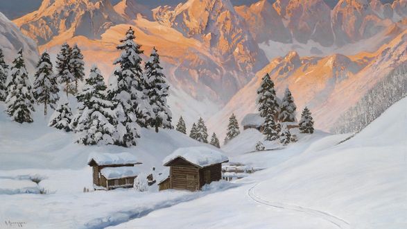 Обои на рабочий стол Альпийский зимний пейзаж, by Alois Arnegger