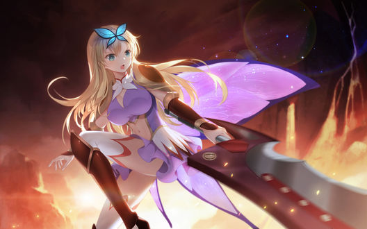 Обои на рабочий стол Kashiwazaki Sena / Сэна Касивадзаки в образе охотника из игры Monster Hunter, персонаж из аниме У меня мало друзей / Boku wa Tomodachi ga Sukunai, art by Cangkong