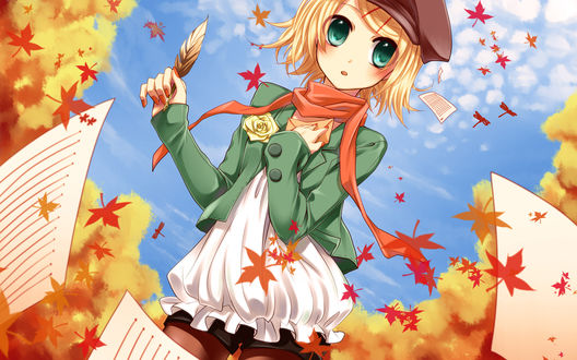 Обои на рабочий стол Vocaloid Kagamine Rin / Вокалоид Кагаминэ Рин осенью, с письменным пером в руке, прижимая к груди конвертик, удивленно и смущенно смотрит куда-то в сторону, стоя на фоне неба. Вокруг летают линованные листы и опавшие кленовые листья