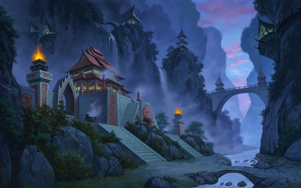 Обои для рабочего стола Игра Jade dynasty, вечер, туман, город, здания, река, мост, лестница, на фоне гор и неба