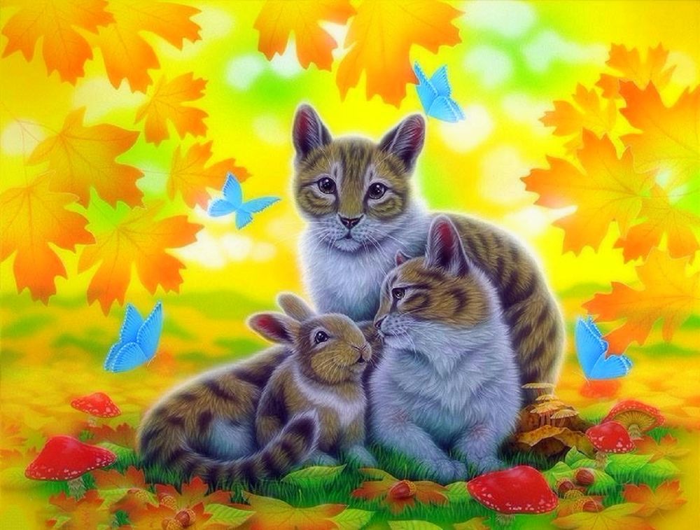 Обои для рабочего стола Кошка, кот и кролик сидят на поляне с растущими мухоморами на фоне голубых бабочек и осенних листьев