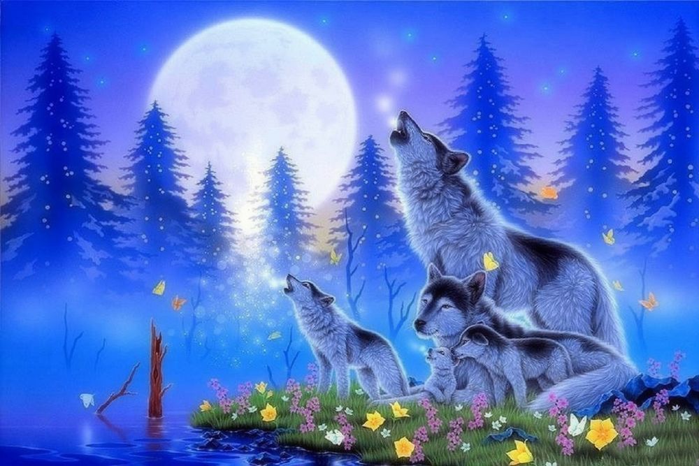 Обои для рабочего стола Волчья семья расположились на поляне с цветами на берегу реки на фоне полной луны и хвойных деревьев