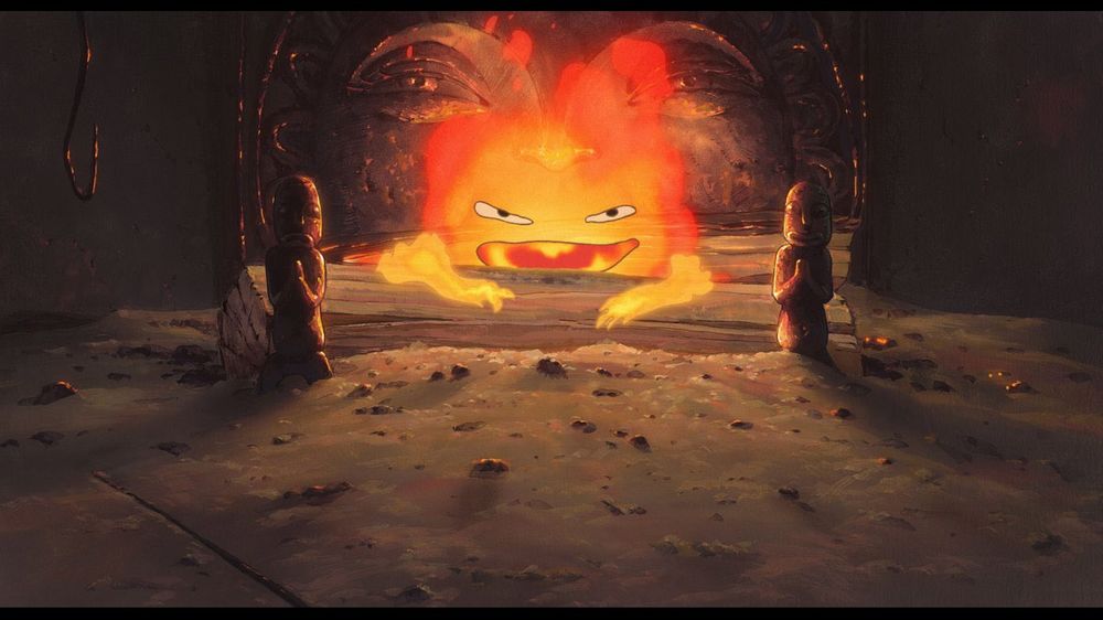 Обои для рабочего стола Calcifer сидит на дровах в очаге из аниме Howls Moving Castle / Ходячий замок Хаула, art by Hayao Miyazaki