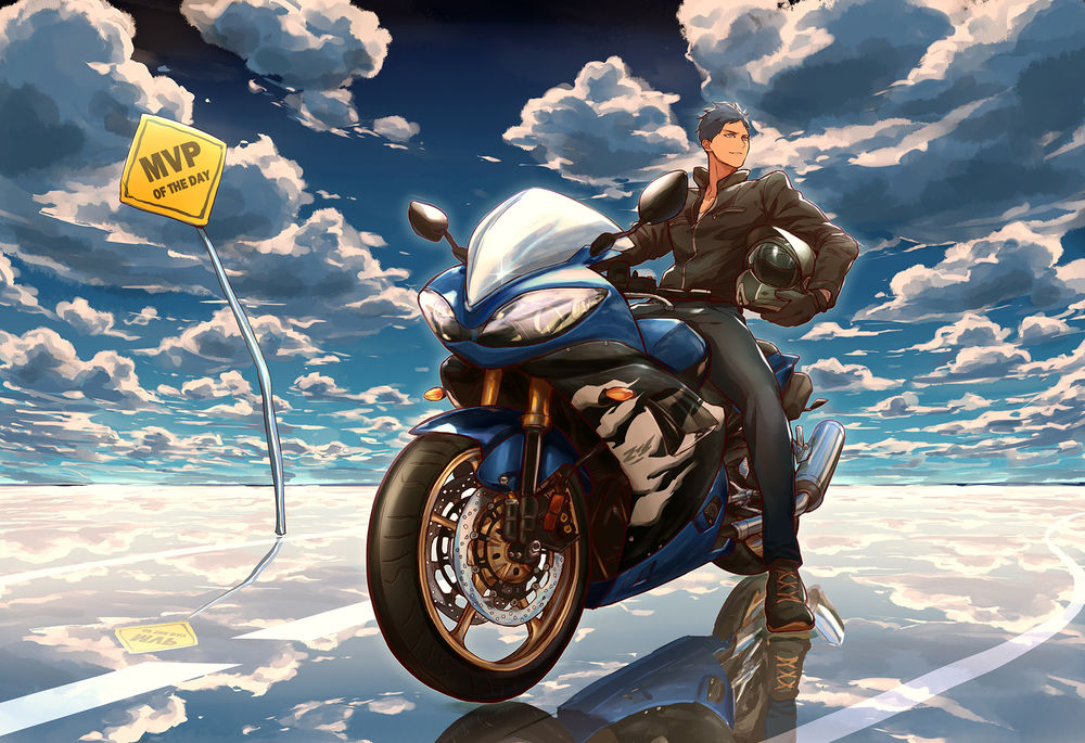 Обои для рабочего стола Аомине Дайки / Aomine Daiki на мотоцикле на фоне облачного неба из аниме Бескетбол Куроко / Kuroko no basket, art by Zawar (MVP of the day)