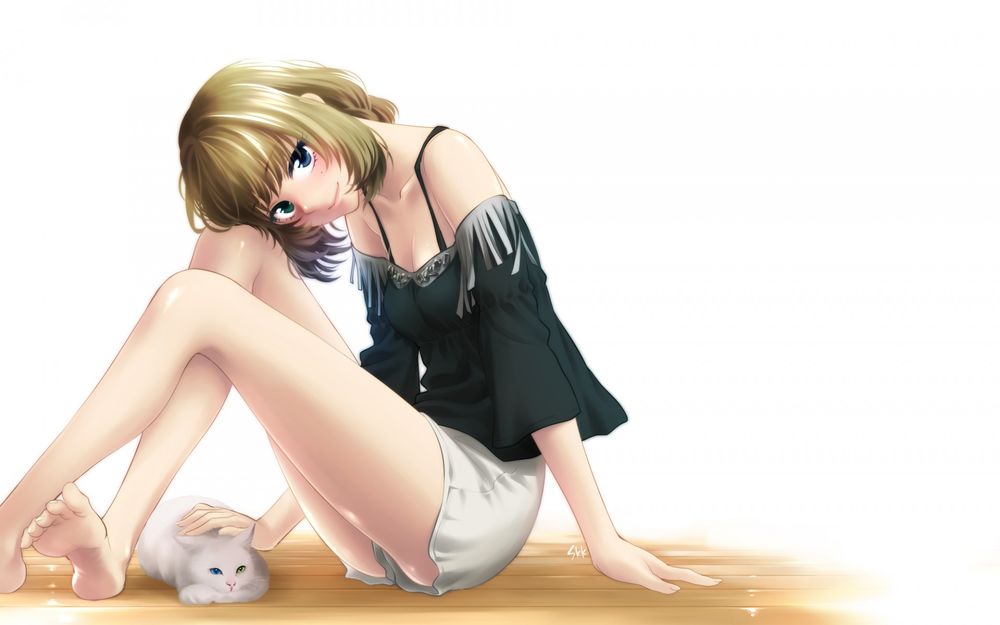 Обои для рабочего стола Каэдэ Такагаки / Kaede Takagaki из аниме Идолмастер: Девушки-золушки / The iDOLM@STER Cinderella Girls, гладит белую кошку