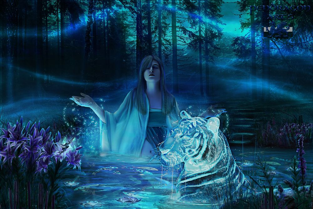 Обои для рабочего стола Девушка вместе с тигром в воде, работа Spirit of My Spirit / Дух от Духа Моего, by Pendragon-Arts