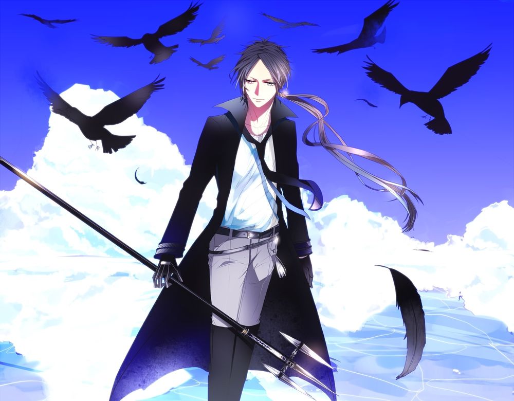 Обои для рабочего стола Rokudou Mukuro / Рокудо Мукуро с тризубцем на фоне облаков и черных птиц из аниме Katekyo Hitman REBORN / Репетитор Киллер Реборн