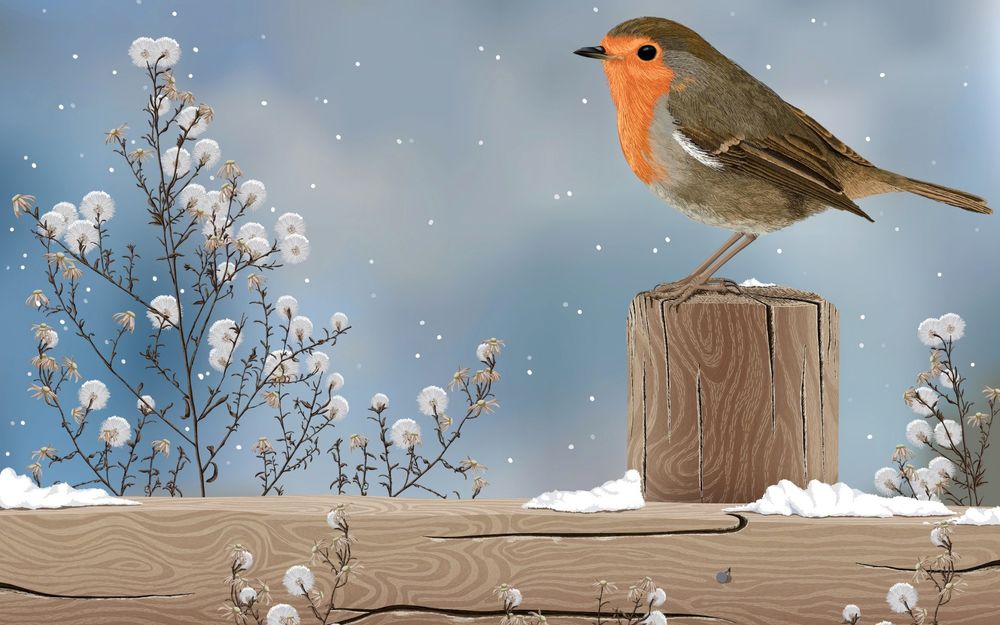 Обои для рабочего стола Птица сидит на деревянном заборе под падающим снегом