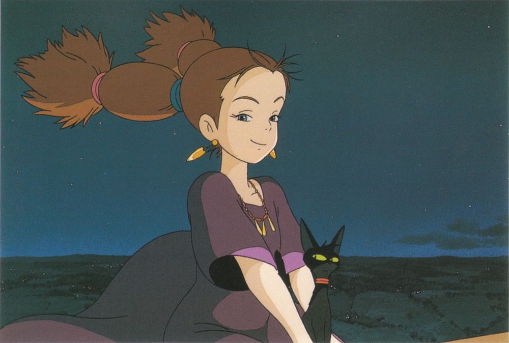 Обои для рабочего стола Юная ведьма с черным котом летят на метле в вечернем небе из аниме Kikis Delivery Service / Ведьмина служба доставки, art by Hayao Miyazaki