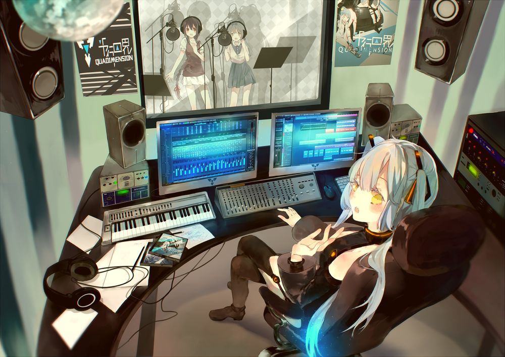 Обои для рабочего стола Vocaloid Xingchen / Вокалоид Ксингчен сидит в кресле звукозаписывающей студии, art by Bou Shaku