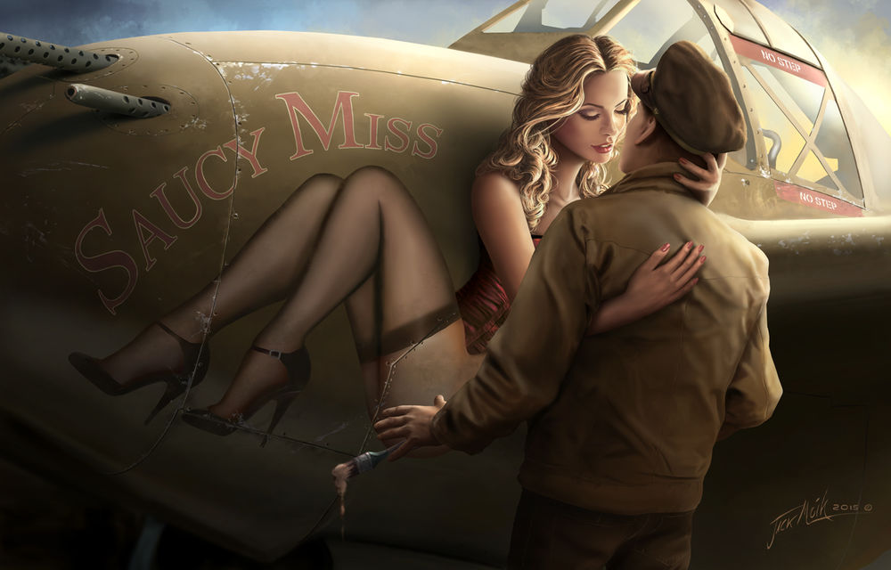 Обои для рабочего стола Парня обнимает нарисованная ожившая на самолете девушка, by Jacklionheart