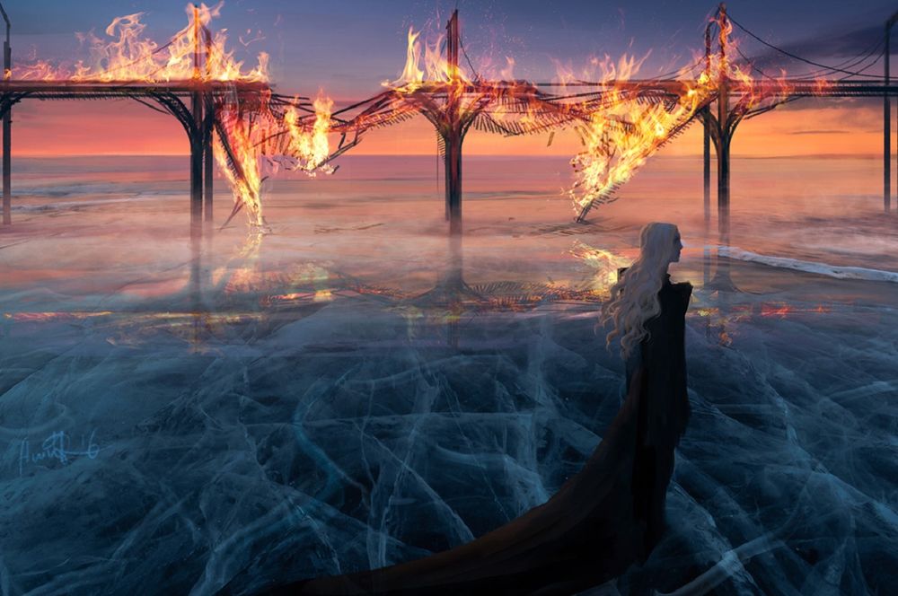 Обои для рабочего стола Девушка стоит на фоне горящего моста, by anndr