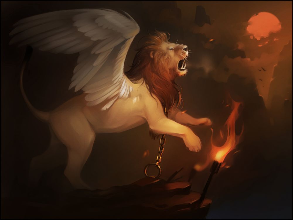 Обои для рабочего стола Лев с крыльями прикованный к камню цепью, art by Darkness