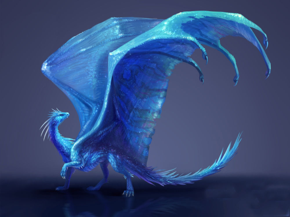 Обои для рабочего стола Синий дракон с пушистым хвостом и огромными когтистыми крыльями