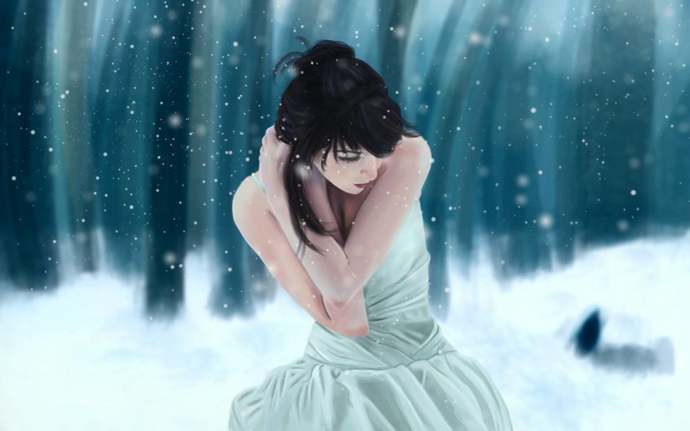 Обои для рабочего стола Девушка под падающим снегом, by Mandy Jurgens