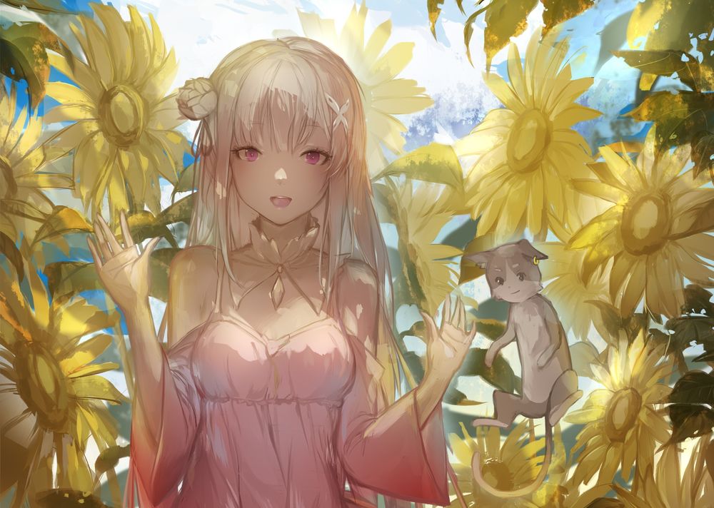 Обои для рабочего стола Emilia / Емилия и Пак в зарослях подсолнухов из аниме Re: Zero kara Hajimeru Isekai Seikatsu / Re: Жизнь с нуля в параллельном мире, art by supertie