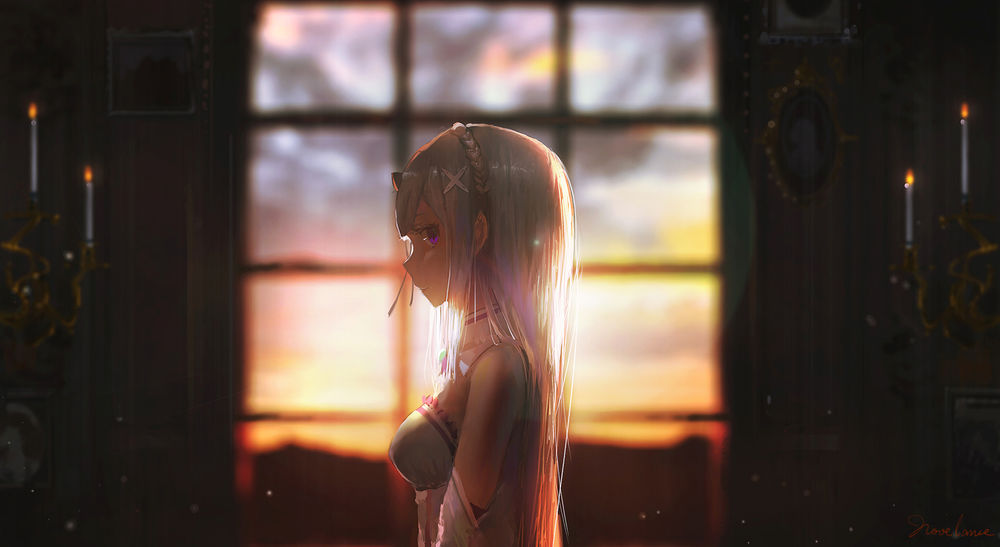 Обои для рабочего стола Эмилия / Emilia из аниме Re: Жизнь в альтернативном мире с нуля / Re:Zero kara Hajimeru Isekai Seikatsu, art by Pixiv Id 10710834