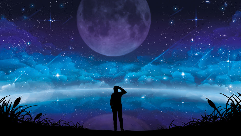 Обои для рабочего стола Парень стоит на фоне ночного звездного неба и полной луны, by Erisiar