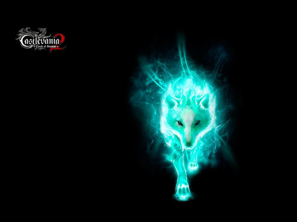 Обои для рабочего стола Светящийся волк-оборотень на черном фоне из игры Castlevania: Lords of Shadow