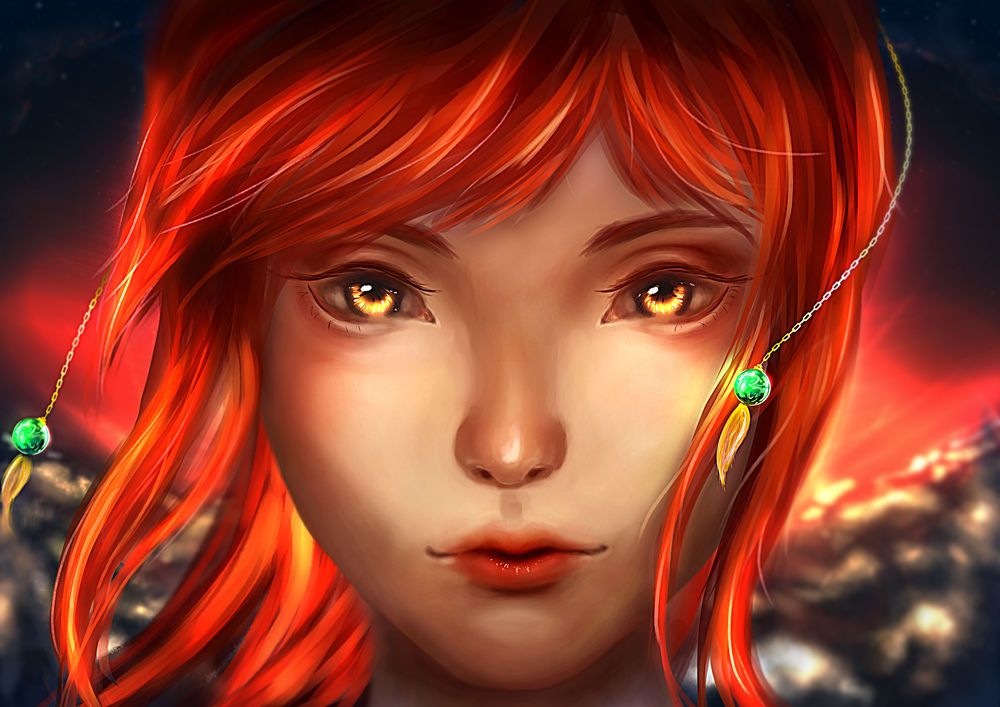 Обои для рабочего стола Девушка с рыжими волосами и золотыми глазами, by b1tterRabbit