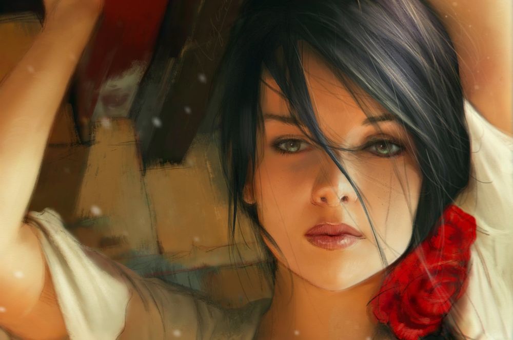 Обои для рабочего стола Девушка с красными розами на волосах, by The Rafa