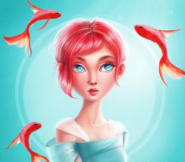 Обои на рабочий стол Девушка в окружении рыбок, by Nazar Noschenko