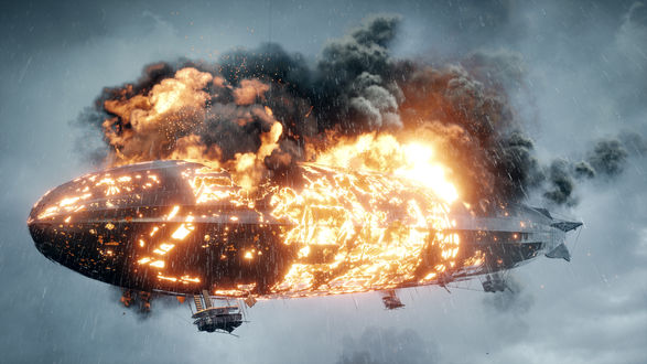 Обои на рабочий стол Горящий дирижабль на фоне пасмурного неба из игры Battlefield 1, компании Electronic Arts