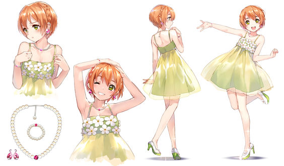 Обои на рабочий стол Hoshizora Rin / Хошизора Рин в летнем зеленом платье, из аниме Love Live!/Живая Любовь, art by Sheska Xue
