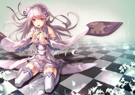 Обои на рабочий стол Эмилия / Emilia из аниме Re: Жизнь в альтернативном мире с нуля / Re:Zero kara Hajimeru Isekai Seikatsu, art by Saraki