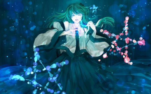 Обои на рабочий стол Kochiya Sanae / Кочия Санае занимется магией из компьютерной игры Touhou Project / Проект Восток / Тохо