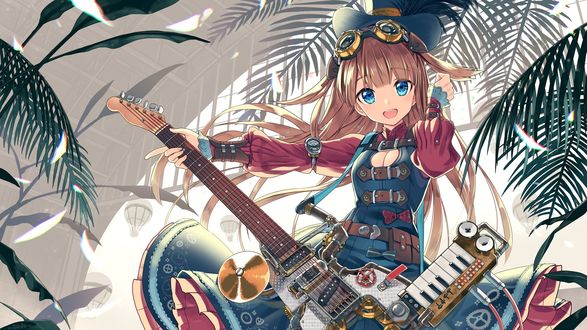Обои на рабочий стол Голубоглазая девочка с гитарой в стиле steampunk на фоне листьев пальмы и парашутов