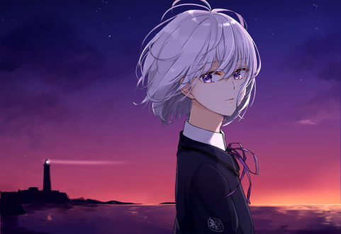 Обои на рабочий стол Honebami Toushirou / Хонебами Тоуширо на фоне маяка и вечернего неба, из игры Touken Ranbu / Танец мечей, art by Nekocanumauma