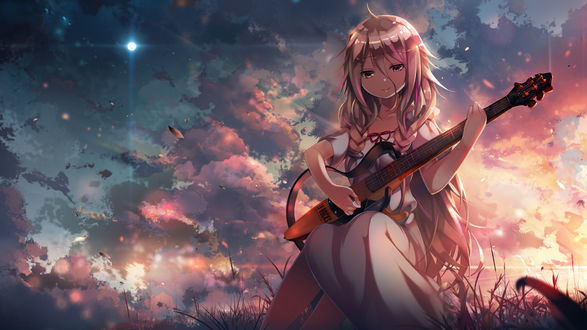 Обои на рабочий стол Vocaloid Ia / Вокалоид Айя сидит с гитарой на фоне облачного неба