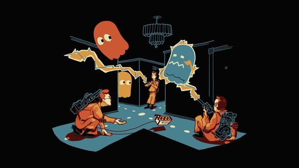 Обои на рабочий стол Ghostbusters / Охотники за привидениями ловят pacman / Пакманов