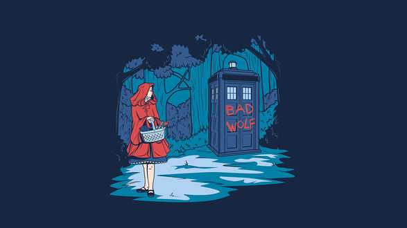 Обои на рабочий стол Красная шапочка смотрящая на TARDIS / ТАРДИС с надписью bad wolf / плохой волк