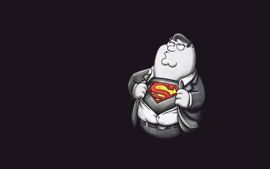 Обои на рабочий стол Питер Гриффин / Peter Griffin из мультфильма Гриффины / Family Guy в футболке с логотипом Супермена
