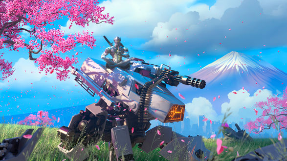 Обои на рабочий стол Гендзи / Genji сидящий на Бастион / Bastion из игры Overwatch / Дозор