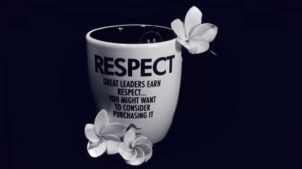 Обои на рабочий стол Цветы и кружка с крупной надписью Respect / Уважение и надписью поменьше Great leaders earn respect. You might want to consider purchasing it / Великие лидеры зарабатывают уважение. Вы можете рассмотреть предложение о покупке этого