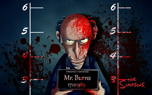 Обои на рабочий стол Мистер Барнс / Mr. Burns из мультфильма Симпсоны / The Simpsons весь в крови держащий табличку с его именем