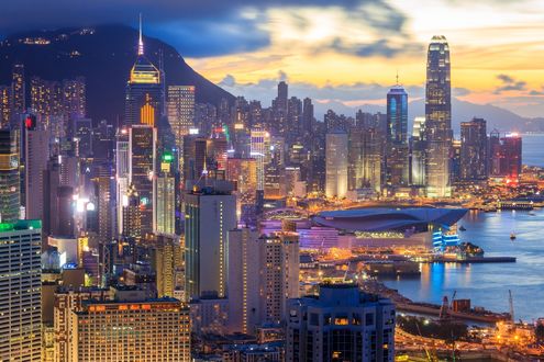 Обои на рабочий стол Вид на вечерний Гонконг / Hong Kong, Китай / China