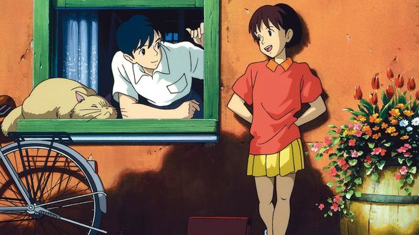 Обои на рабочий стол Сидзуку Цукисима / Shizuku Tsukishima стоит возле дома у окна, а Сэйдзи Амасава / Seiji Amasawa смотрит из окна на нее, рядом на подоконнике лежит кот, персонажи из аниме Шепот сердца / Mimi Wo Sumaseba / Whisper of the Heart