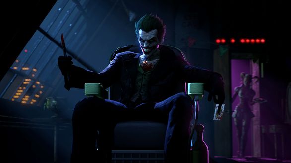 Обои на рабочий стол Джокер / Joker из вселеной DC Comix сидит на стуле и держит нож в руке, а позади него стоит Харли Квинн / Harley Quinn