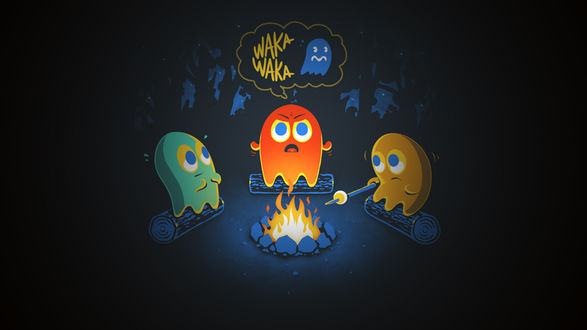 Обои на рабочий стол Привидения из игры PacMan сидят возле костра и расказывают страшилки