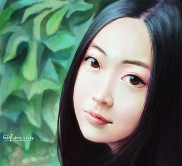 Обои на рабочий стол Темноволосая девушка азиатской внешности, Art by DF G