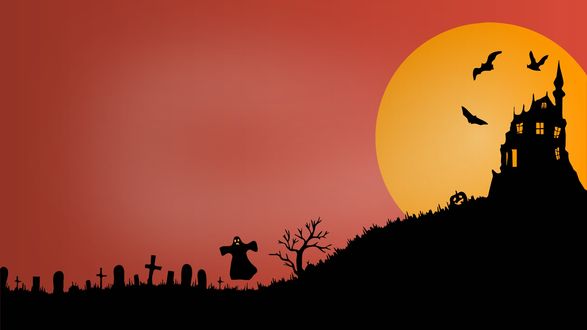 Обои на рабочий стол Зловещий замок возле кладбища на фоне огромной луны с летучими мышами и привидениями