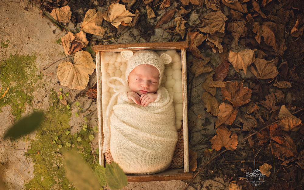 Обои для рабочего стола Младенец в белом одеянии лежит в маленькой колыбельке, стоящей на земле с опавшими листьями, фотограф Анастасия Нагорная