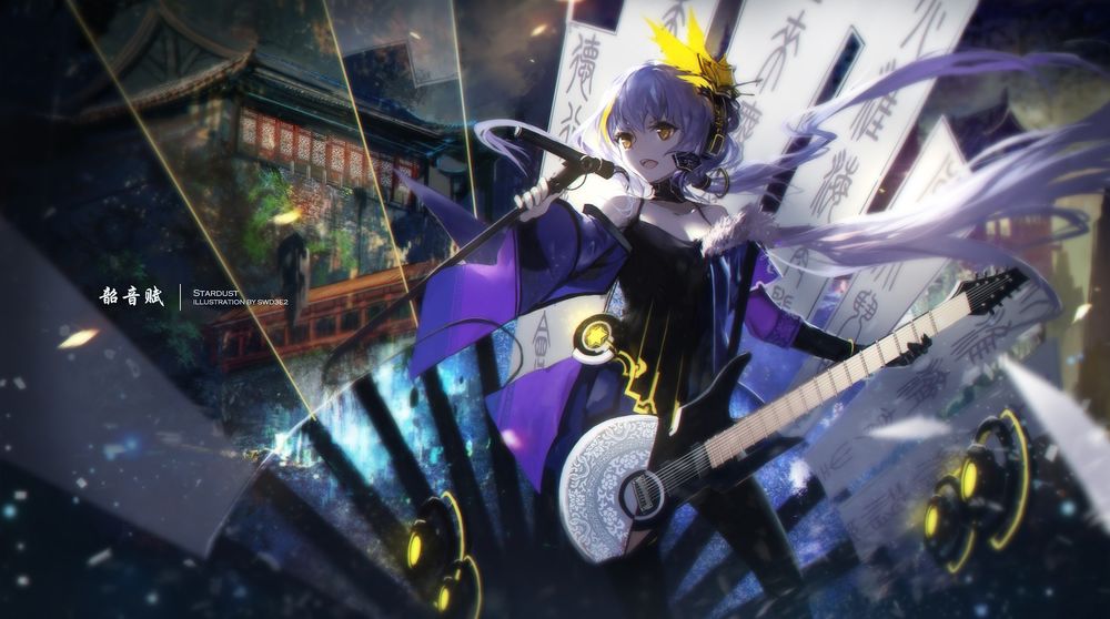 Обои для рабочего стола Vocaloid Stardust / Вокалоид Стардаст с гитарой поет в микрофон, art by swd3e2