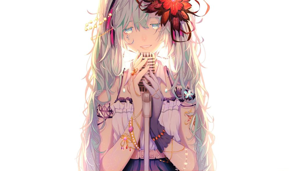 Обои для рабочего стола Vocaloid Hatsune Miki / Вокалоид Хатсуне Мику поет в микрофон со слезами на глазах на белом фоне