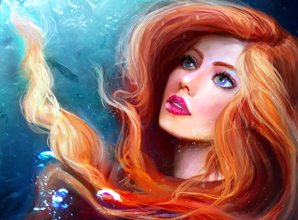 Обои для рабочего стола Ariel / Ариэль из мультфильма Little Mermaid / Русалочка, смотрит вверх, by abeer malik