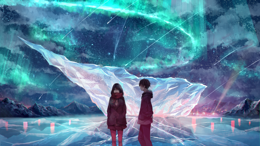 Обои для рабочего стола Парень с девушкой в шарфе и куртке стоят на льду на фоне северного сияния, by akira (mr akira)